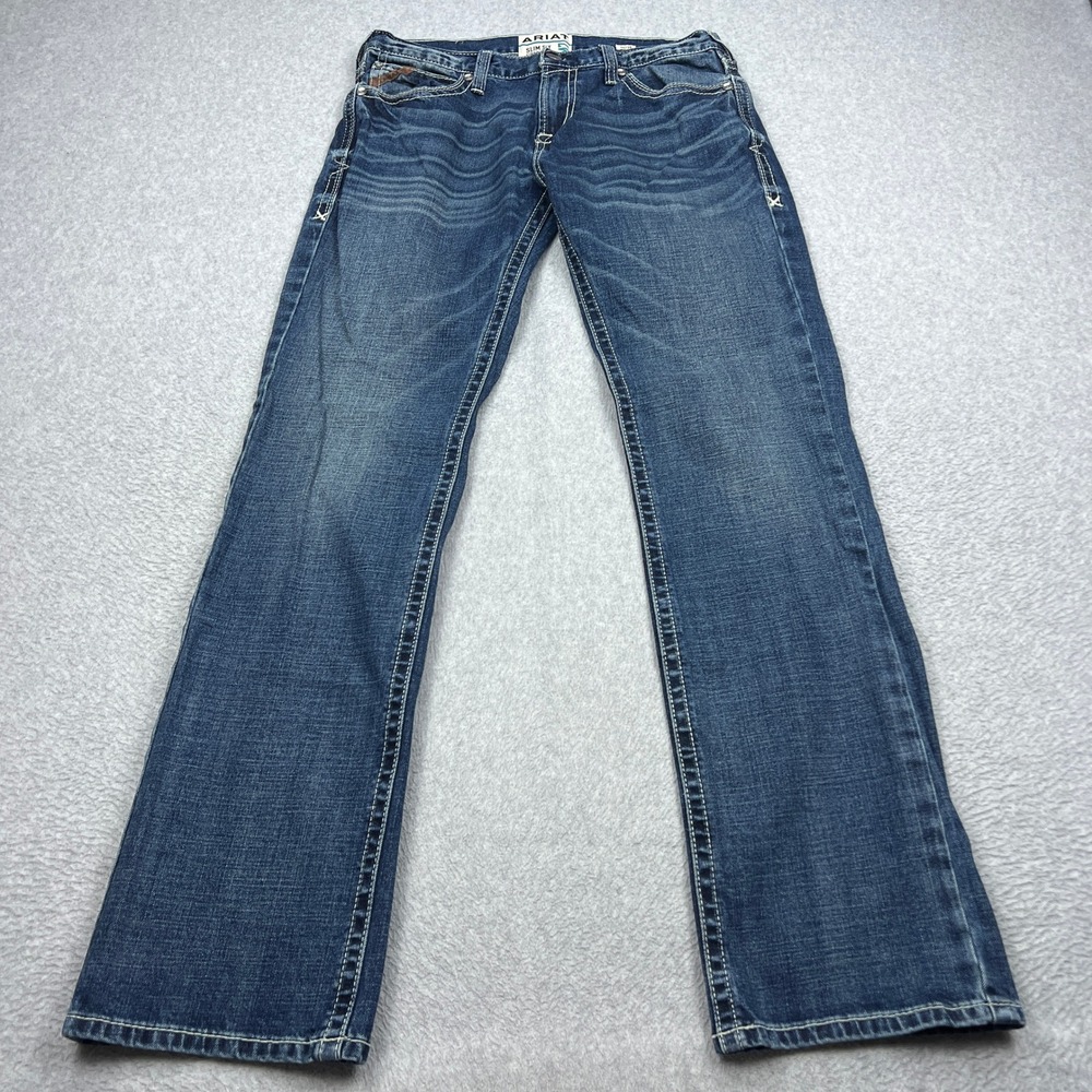 Ariat M7 Jeans Mens 34x36 Blue Dark Wash Slim Straight Leg Thick Stitch Stretch